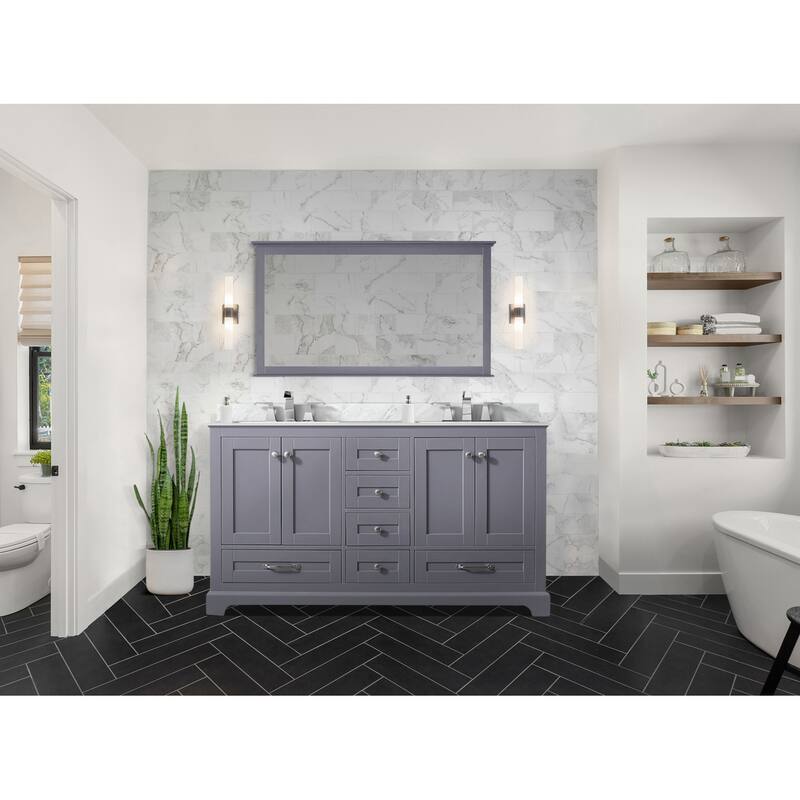 Dukes 60 in. W x 22 in. D Navy Blue Double Bath Vanity, Carrara Marble Top, Faucet Set, and 58 in. Mirror