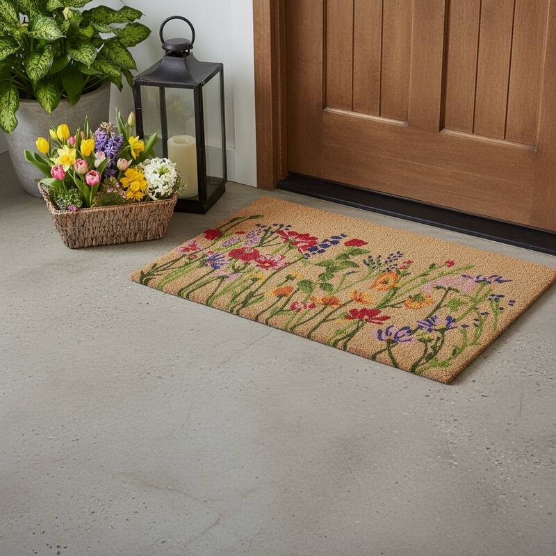 HomeRoots 18" X 30" Brown Green And Purple Floral Outdoor Coir Door Mat - 18.00' X '30.00 - 18.00' X '30.00