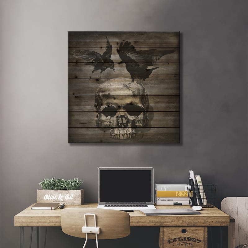 Skull With Crows Print On Wood by Martin Wagner - Multi-Color