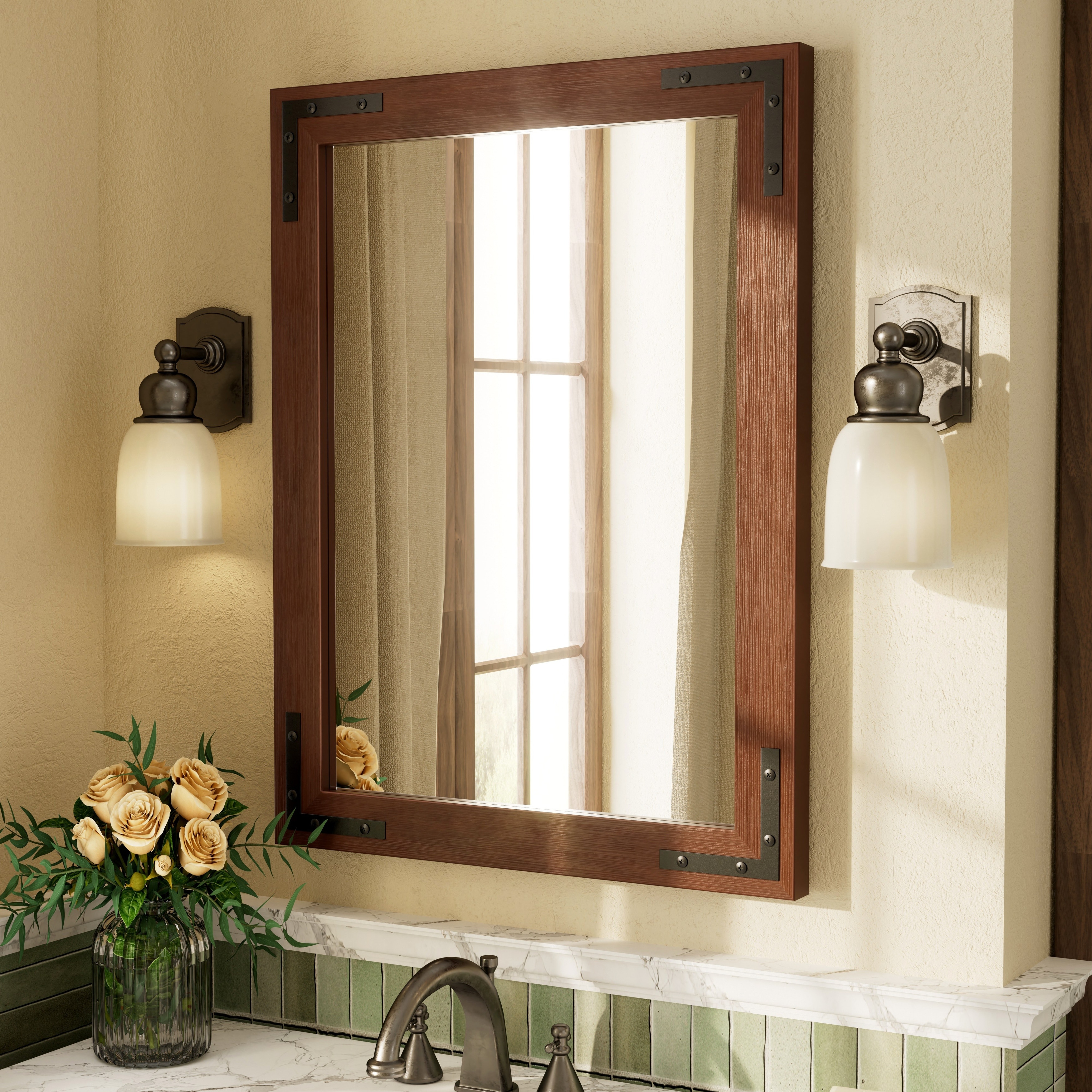 Rustic Farmhouse Solid Wood Frame Accent Tempered Glass Decorative Mirror