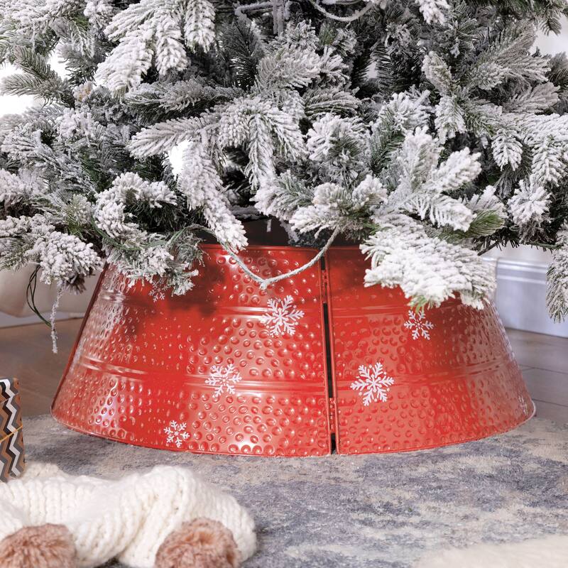 26" Red Christmas Tree Collar with Snowflake Design and Metal Base Cover for Holiday Decor - 26" x 9" H