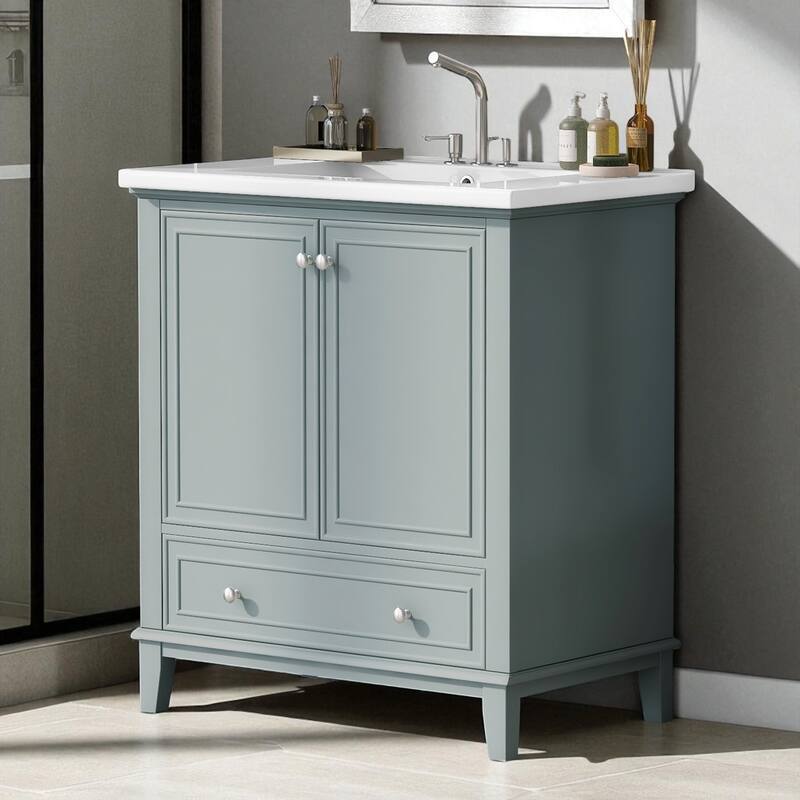 30" Bathroom Vanity with Ceramic Sink, Multi-Functional Cabinet & Drawer, Solid Wood & MDF Frame - Green