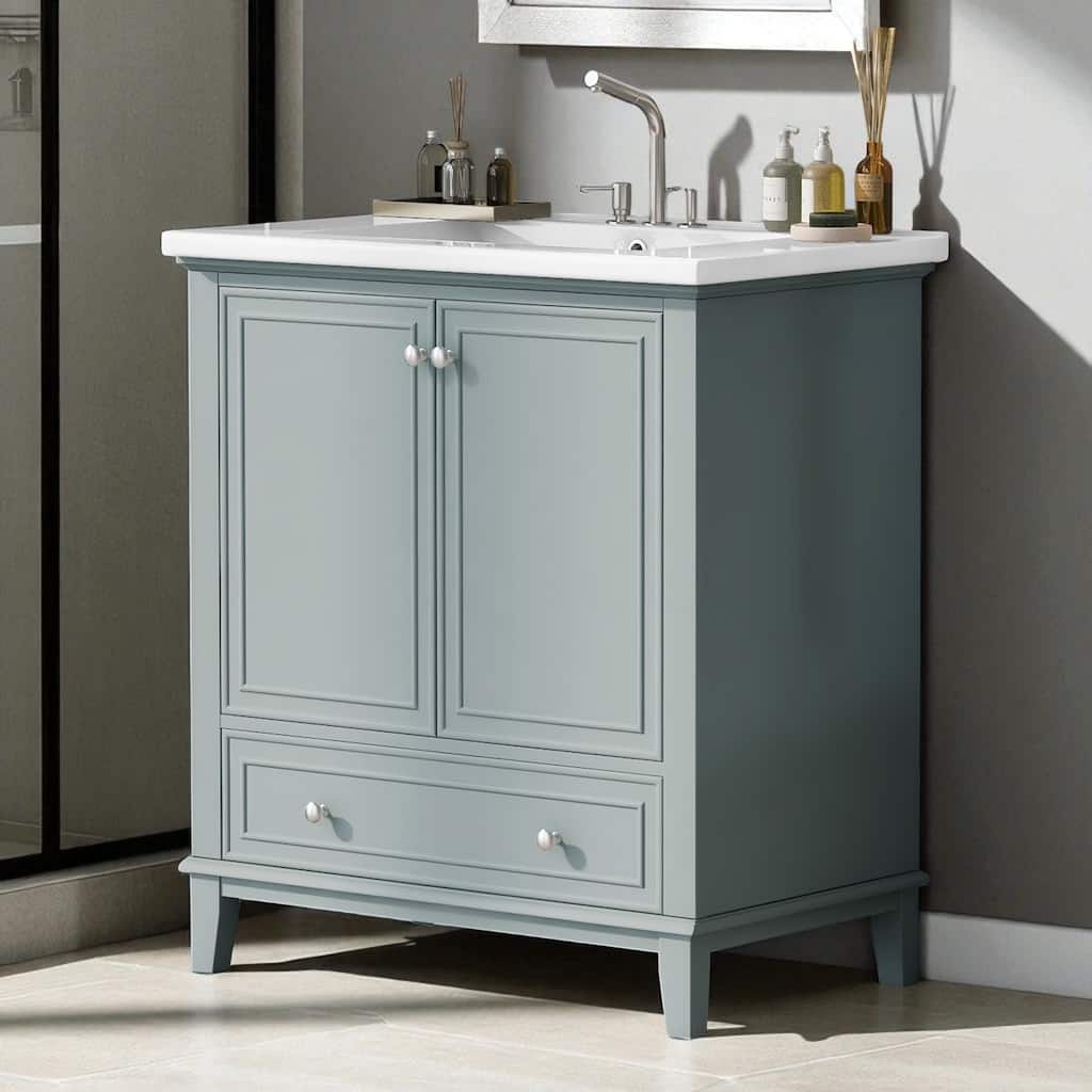 30" Bathroom Vanity with Ceramic Sink, Multi-Functional Cabinet & Drawer, Solid Wood & MDF Frame