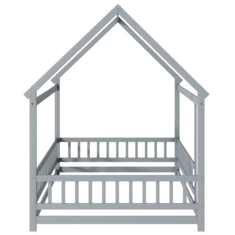 Full Size House Floor Wooden Bed with Roof Frame, Safety Guardrails,Grey