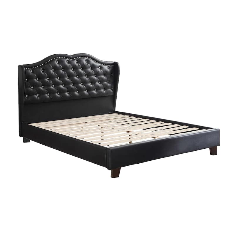 Black Full Bed with Wood Frame, Faux Leather, Assembly Required - Black