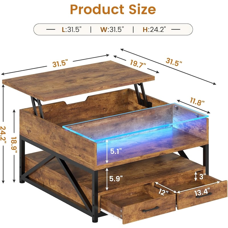 Coffee Table Lift Top 2 Drawers Hidden Compartment for Living Room