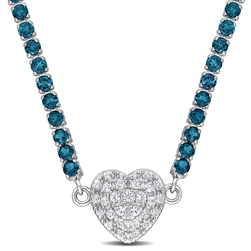 Miadora 12 7/8ct TGW London Blue Topaz Created White Sapphire Heart Necklace in Sterling Silver-17 in