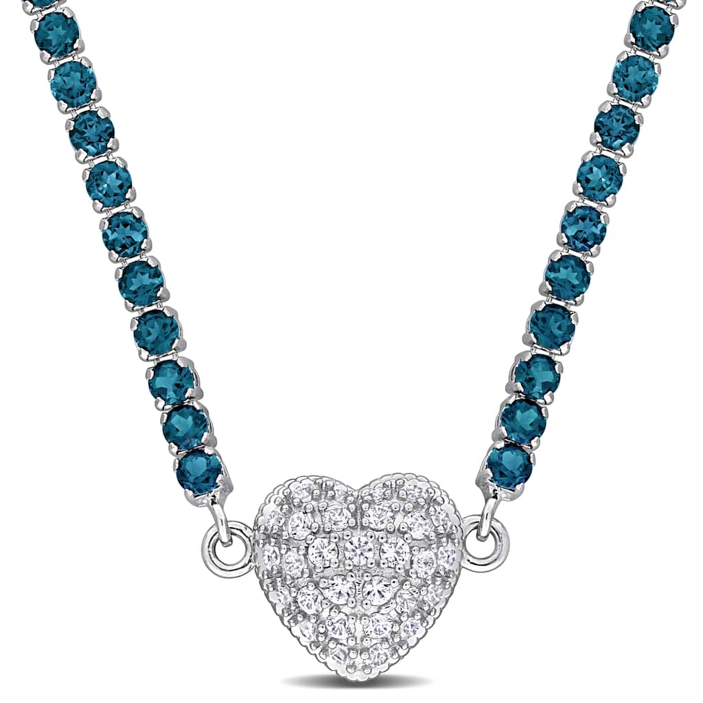 Miadora 12 7/8ct TGW London Blue Topaz Created White Sapphire Heart Necklace in Sterling Silver-17 in