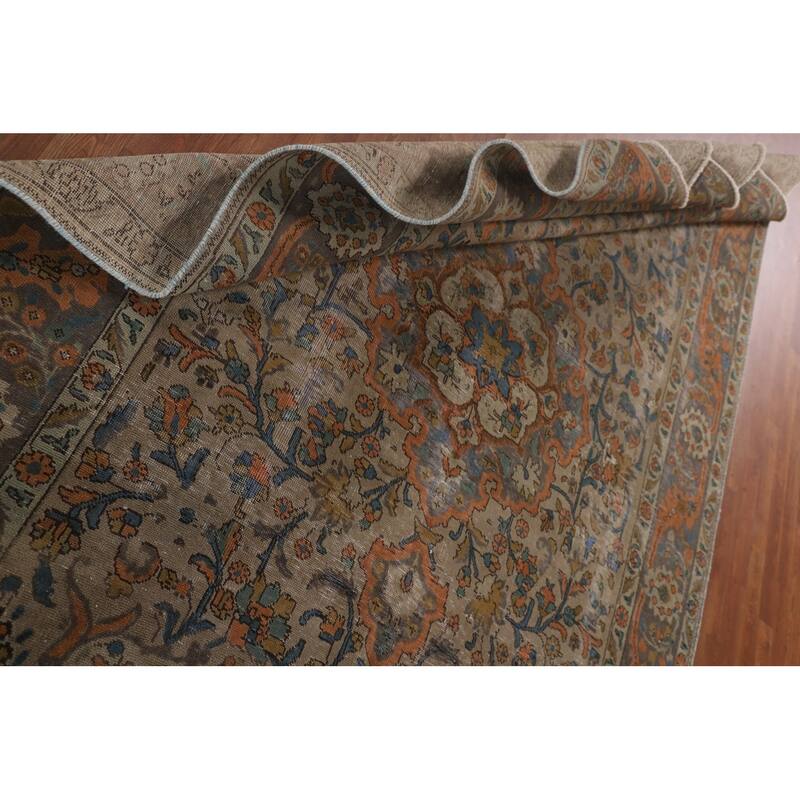 Distressed Tabriz Persian Antique Rug Handmade Floral Wool Carpet - 6'6"x 10'2"