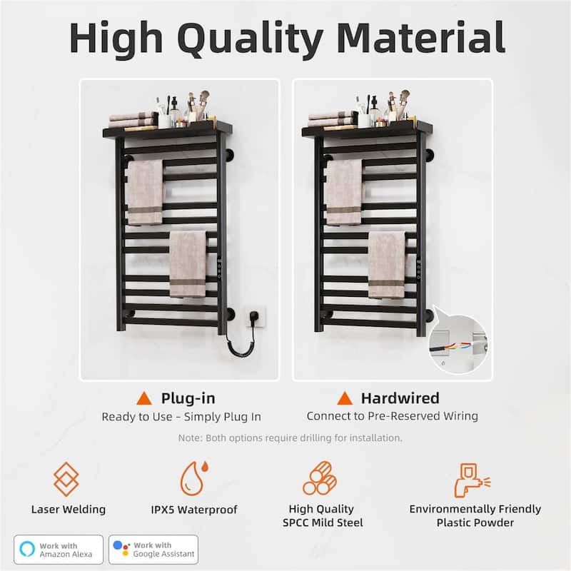 Heated Towel Rack with Shelf and Wi-Fi App Control