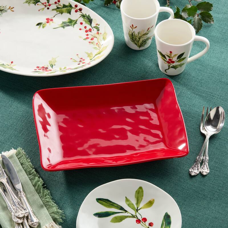 Certifed International Berry Red Christmas Rectangular Platter 14" x 10" - 14 L x 10 W x 1.25 H