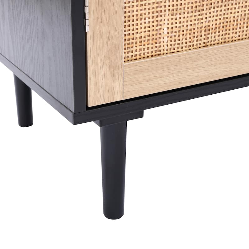 2-Door Rattan Storage Cabinet-Light Oak and Black Wood