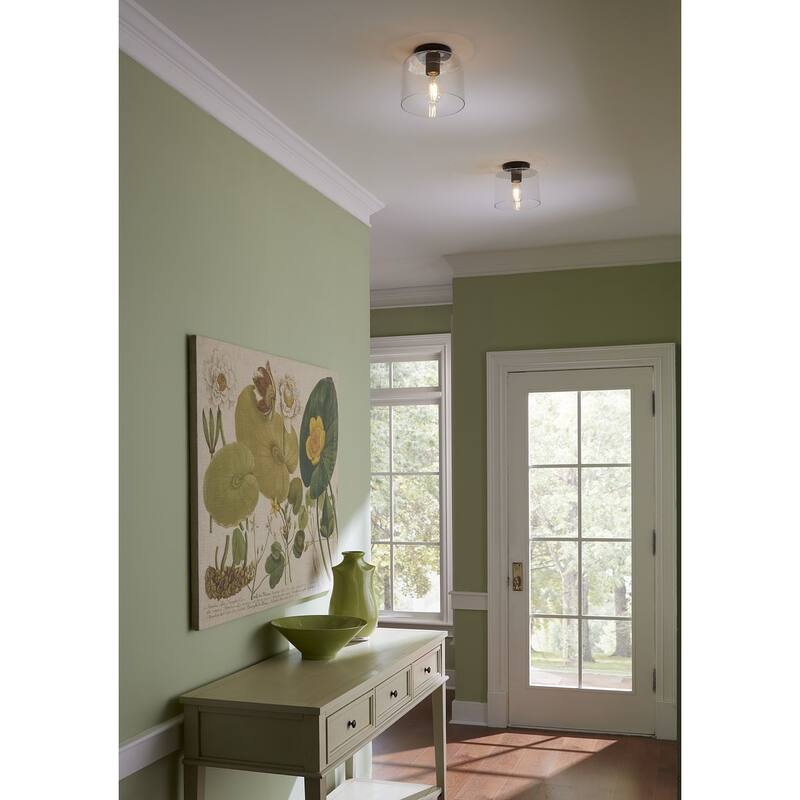 Adley Collection One-Light Matte Black Clear Glass New Traditional Flush Mount Light - 8.62 in x 8.62 in x 7.37 in