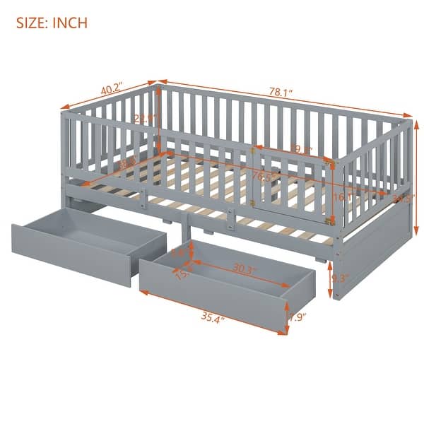 dimension image slide 0 of 5, Wood Cribs Convertible Toddler Bed with Fence Guardrails and 2 Drawers Split into Independent Floor Bed and Daybed Slat Support