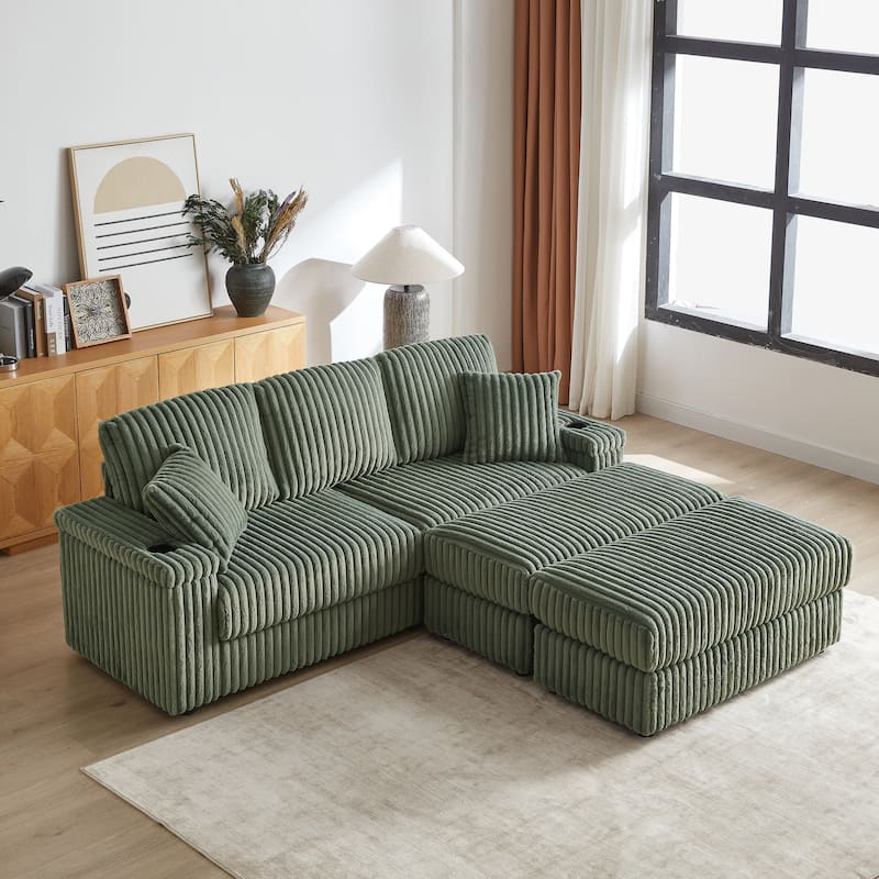 Roomfitters 84" Corduroy 3-Seater Sofa, Deep Seat Couch with 2 Ottomans, Storage, Cup Holders, 3 Back and 2 Toss Pillows