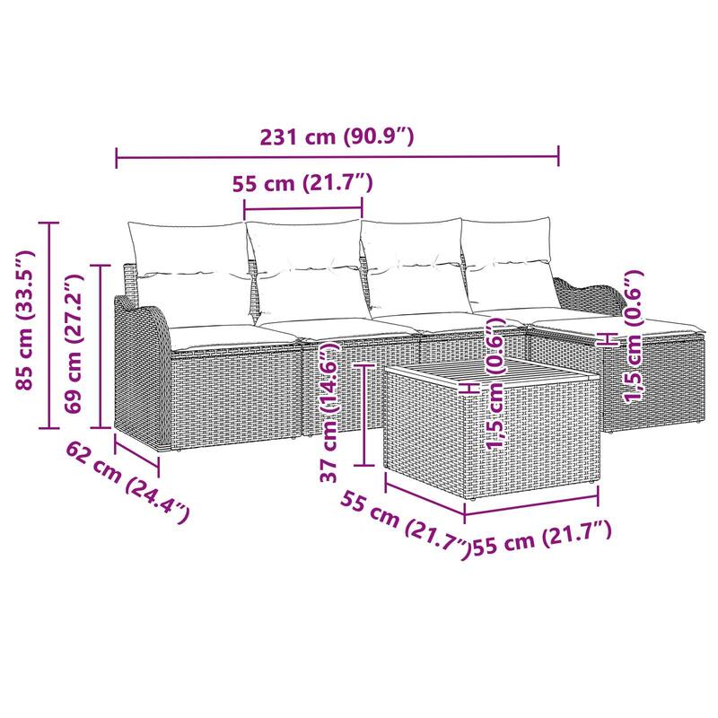 vidaXL 6 Piece Garden Sofa Set with Cushions - 90.9×24.4×27.2