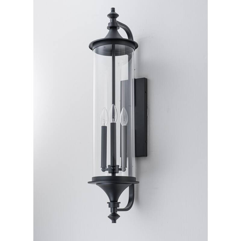 32.7" H 3-Light Industial Black Outdoor Hardwired Wall Lantern Sconce with Cylindrical Clear Glass for Home Outside