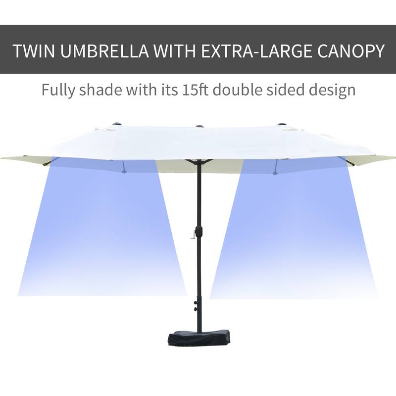 Outsunny Patio Umbrella 15' Steel Rectangular Outdoor Double Sided Market with base, UV Sun Protection & Easy Crank