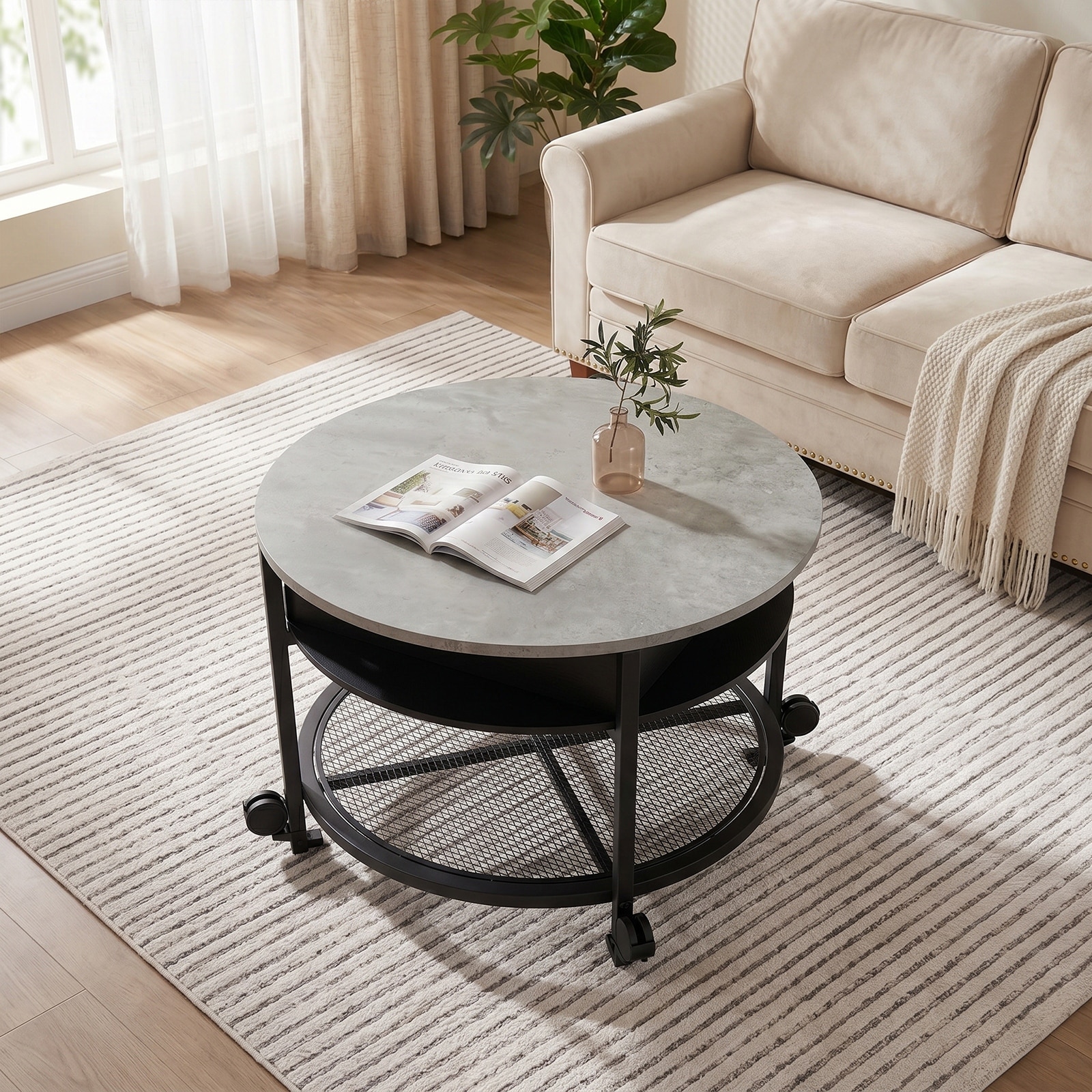 Lift Top Round Coffee Table with RGB LED Lights, Rolling Storage Table with Lockable Casters for Living Room