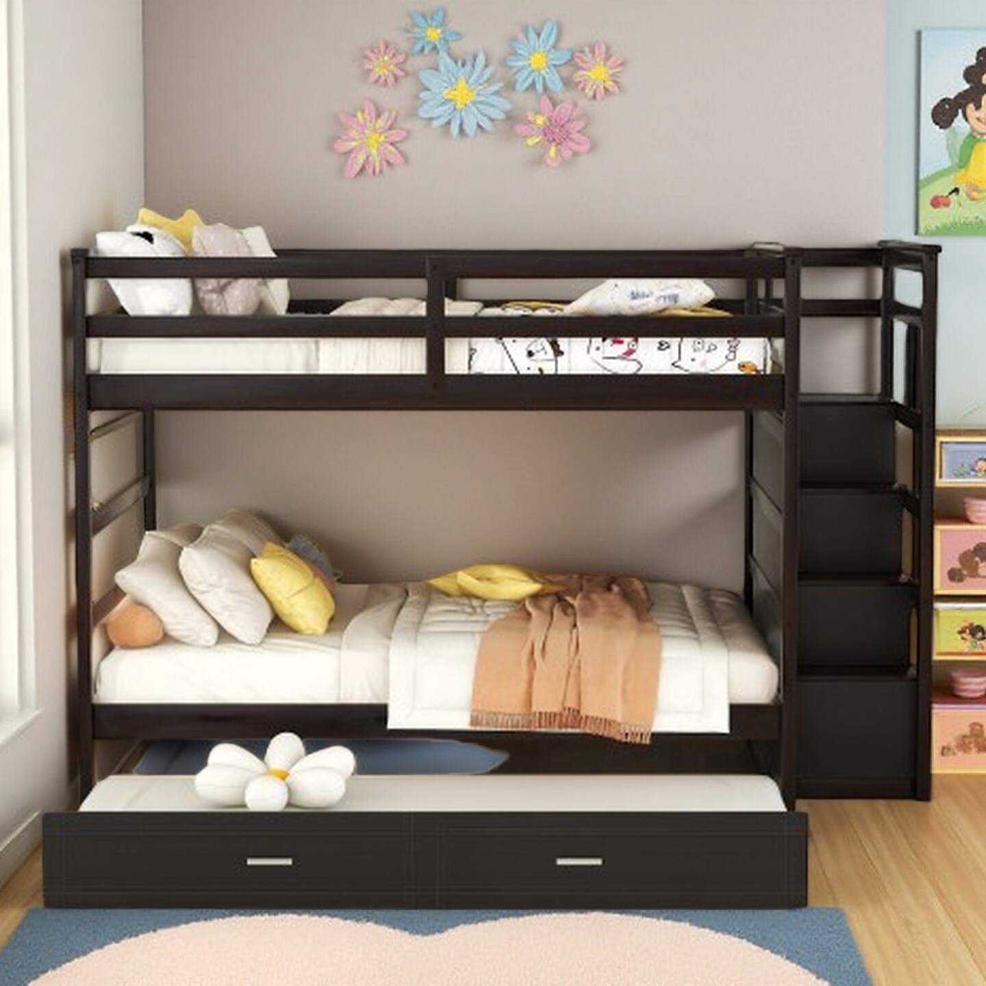 Full-Over-Full Bunk Bed with Twin Trundle, Staircase with Storage Drawers, Solid Pine Frame