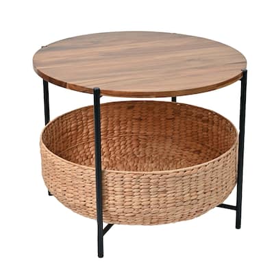 happimess 24.21" Round Acacia Coffee Table with Storage Basket