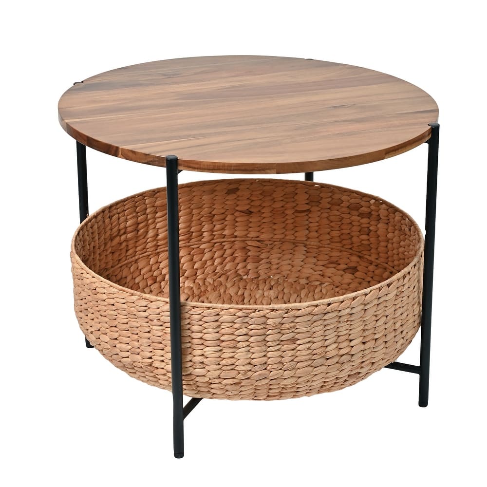 happimess 24.21" Round Acacia Coffee Table with Storage Basket