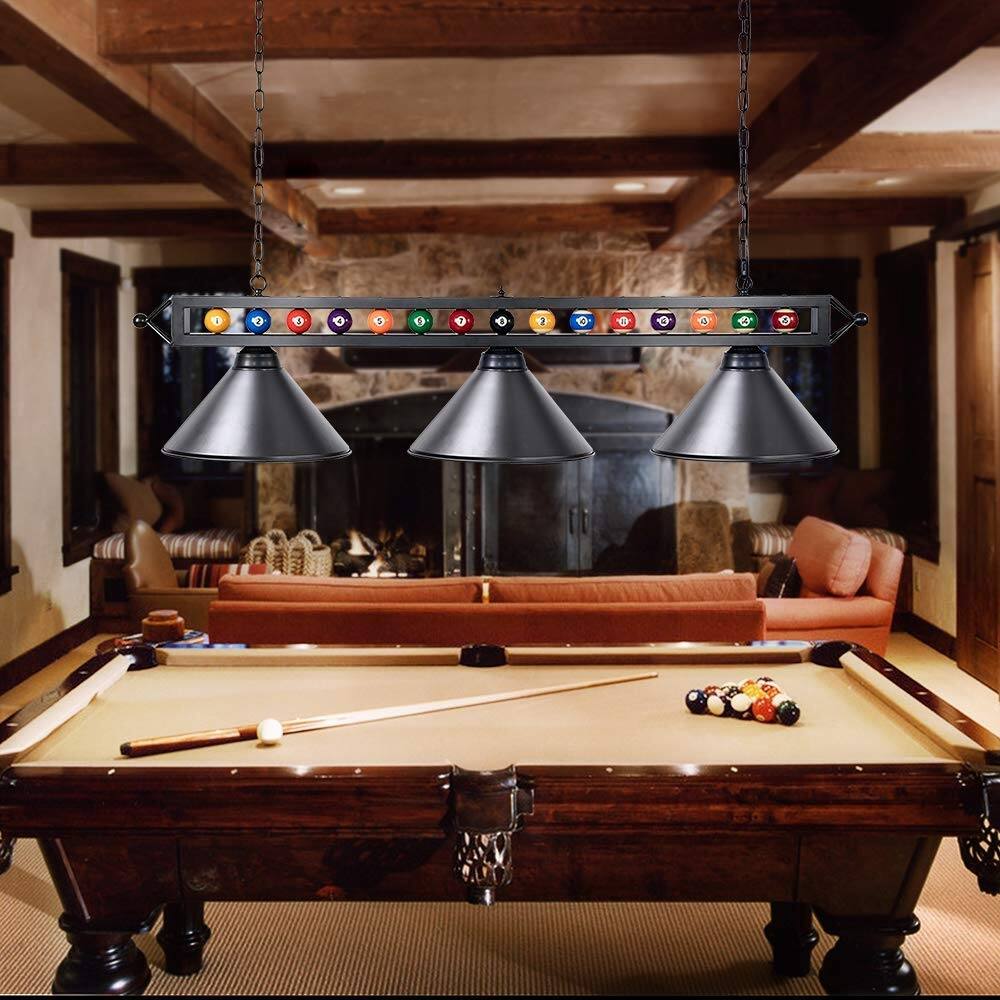 59'' Hanging Pool Table Light Fixture for Game Room Beer Party with 3 Lamp Shades,Black - black