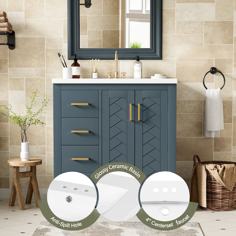 30" Bathroom Vanity with Ceramic Sink Combo,Solid Wood Frame Bathroom Storage Cabinet, Freestanding Vanity Set