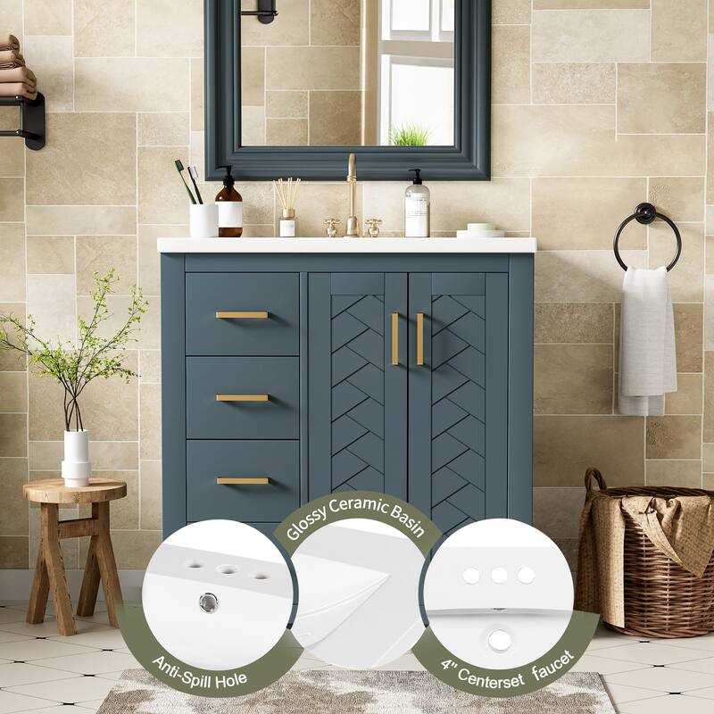 GDFStudio - Montvale Modern Freestanding Bathroom Vanity with Ceramic Sink and 3 Storage Drawers & Soft Closing Doors - 30'W
