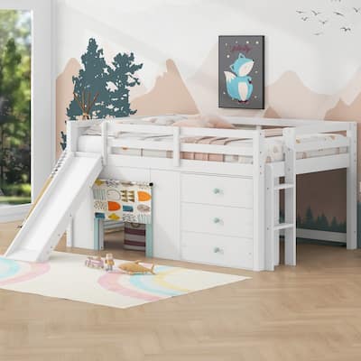 Wood Full Size Low Loft Bed Modern Kids Bedrooms Bed Frame with Slide, Three Storage Drawers and Two Doors for Boys, Girls