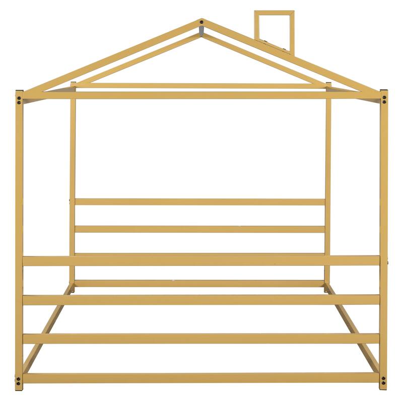 Sleek Metal Queen Platform Bed with House Shape Design, No Box Spring Needed