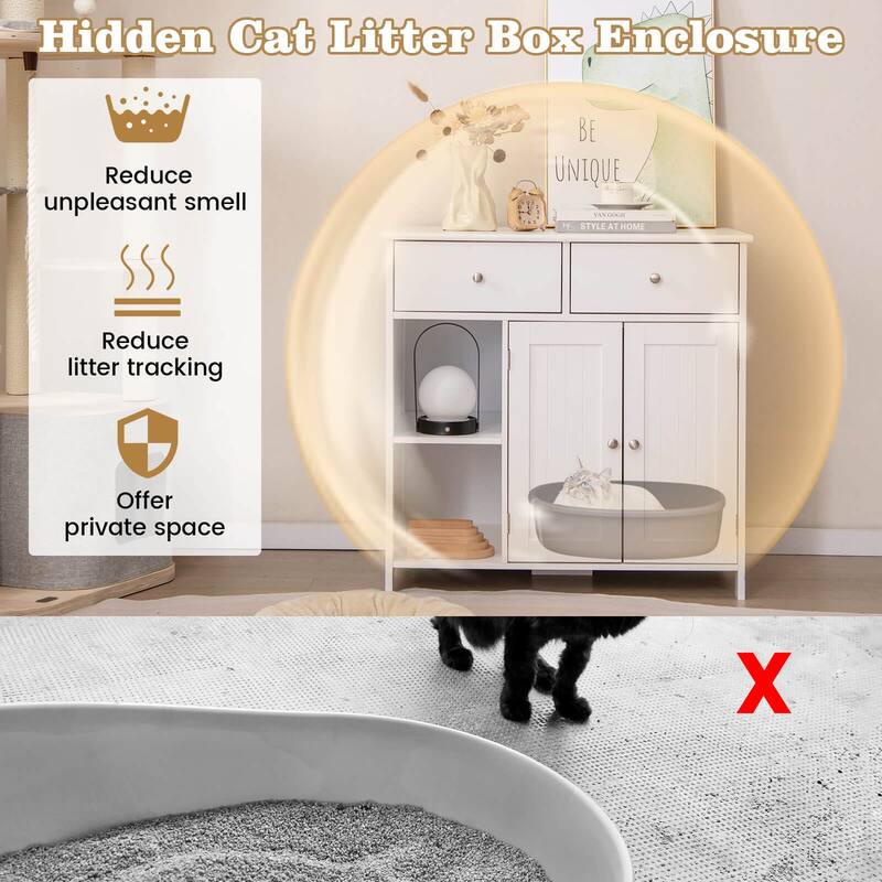 Costway Cat Litter Box Enclosure with 2 Drawers Double Doors Open - See Details