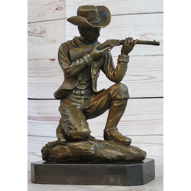 Bronze Figure Of A Kneeling Ranger With Rifle Cowboy Theme Sculpture Statue 11 Inches X 8 Inches
