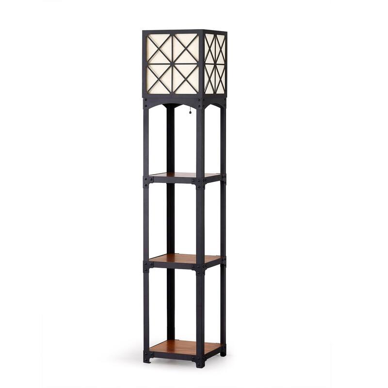 64"H Vintage Iron with Wood Shelves and Laser Cut Metal Shade Floor Lamp
