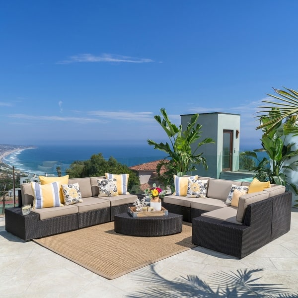 Christopher Knight Home GDF Studio Set of 2 Santa Cruz Outdoor Hazelnut Brown Wicker Armless Sectional Sofa Seat with Beige Water Resistant Cushions