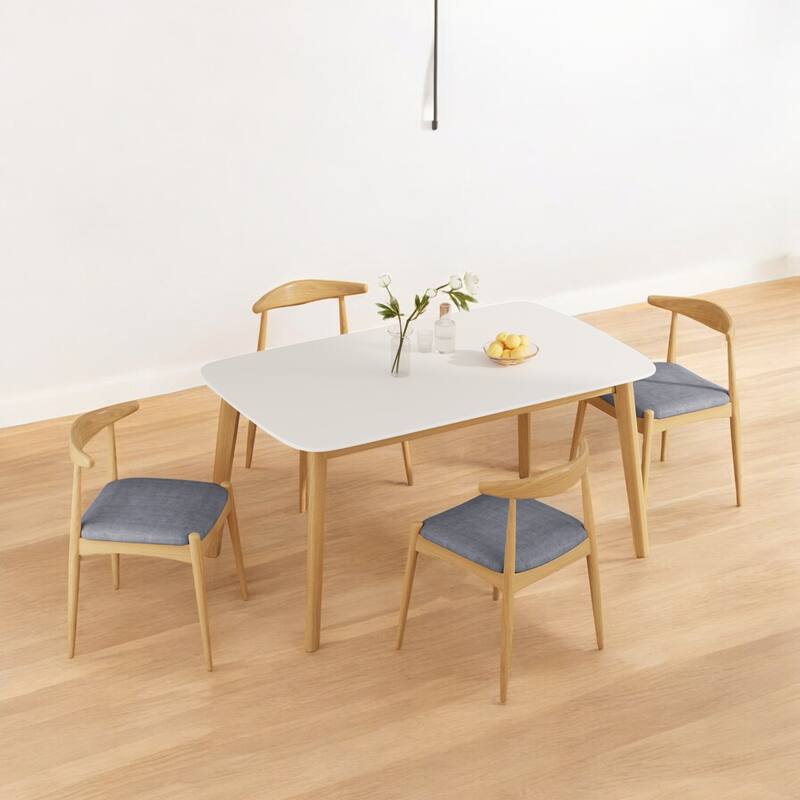 5-Piece Mid-Century Modern Dining Set with Solid Rubberwood Frame Table & Upholstered Chairs for Dining Room and Kitchen - White Oak+Gray