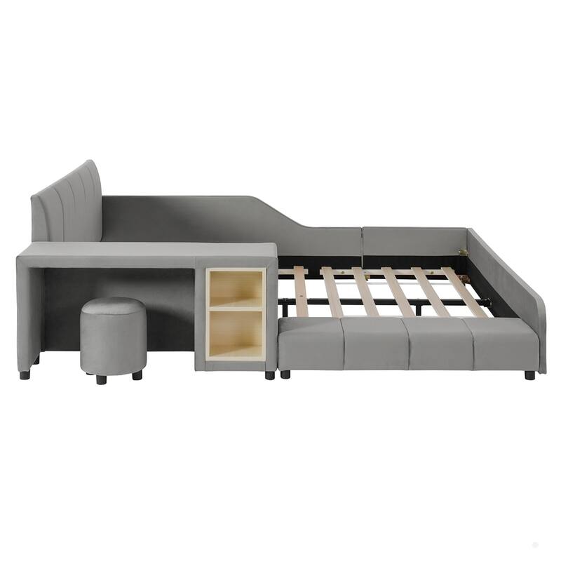 Upholstered Grounded Bed Mother & Child Bed with Bedside Desk and Little Round Stool