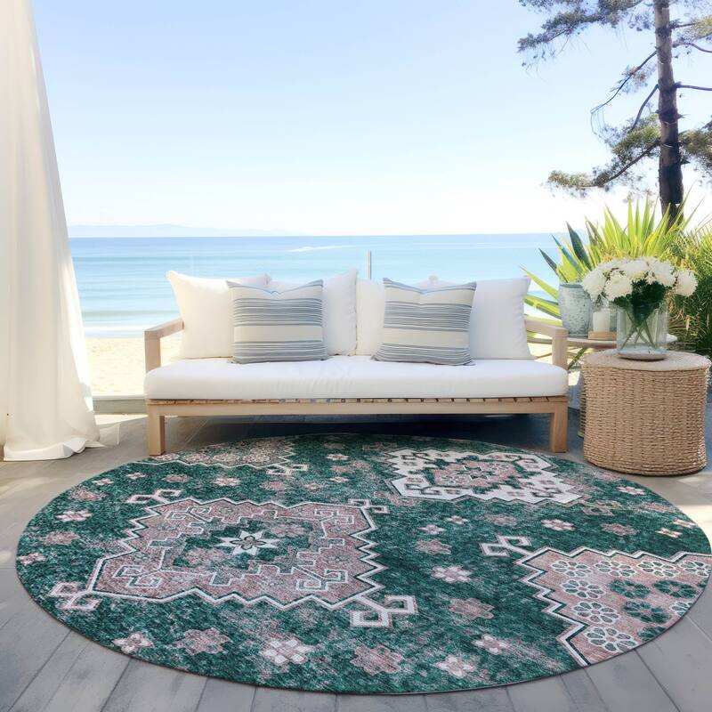Machine Washable Indoor/ Outdoor Chantille Boho Tribal Rug - Emerald - 8' x 8'