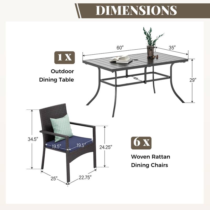 MAISON ARTS 7/8 Pieces Outdoor Patio Dining Set, 6 PE Rattan Chairs with Cushions and 1 Rectangle Metal Table