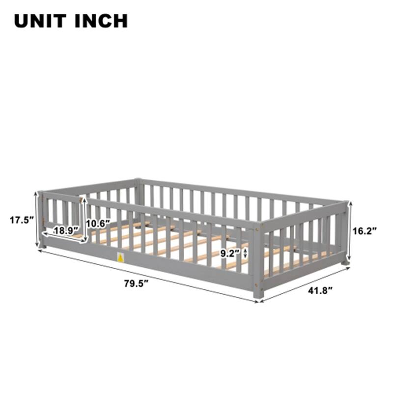 Floor Platform Bed with Fence Guardrails and Door