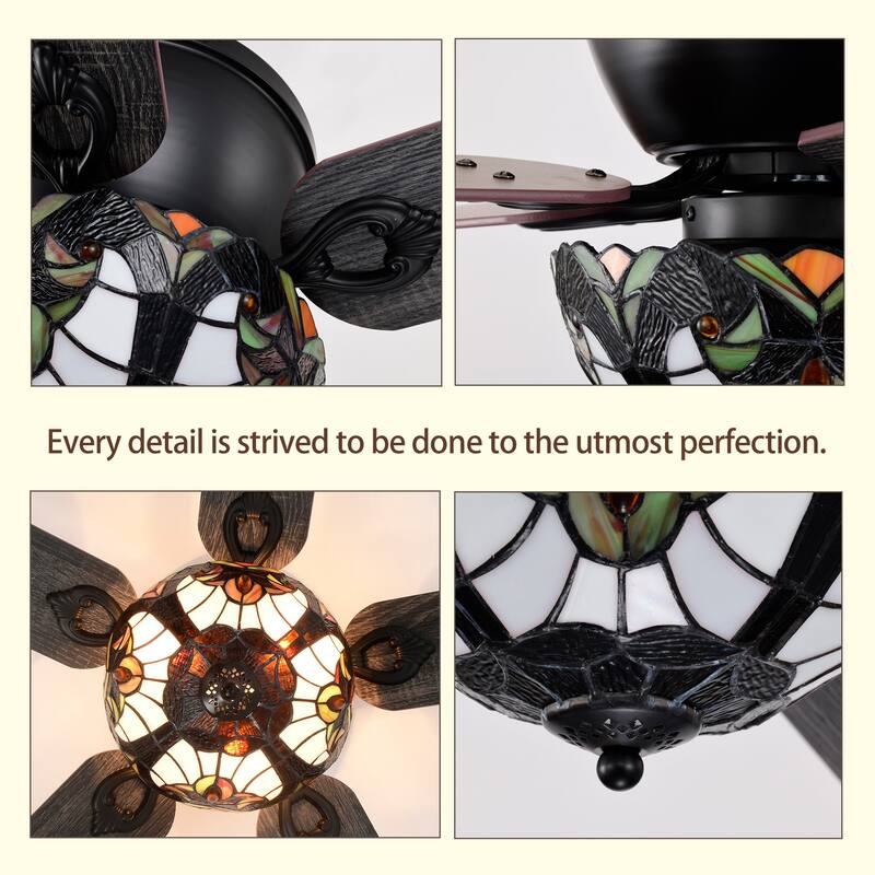 Apgrie 52-Inch Flushmount Lighted Ceiling Fan Warm Tones Tiffany Glass Lamp Black Finish