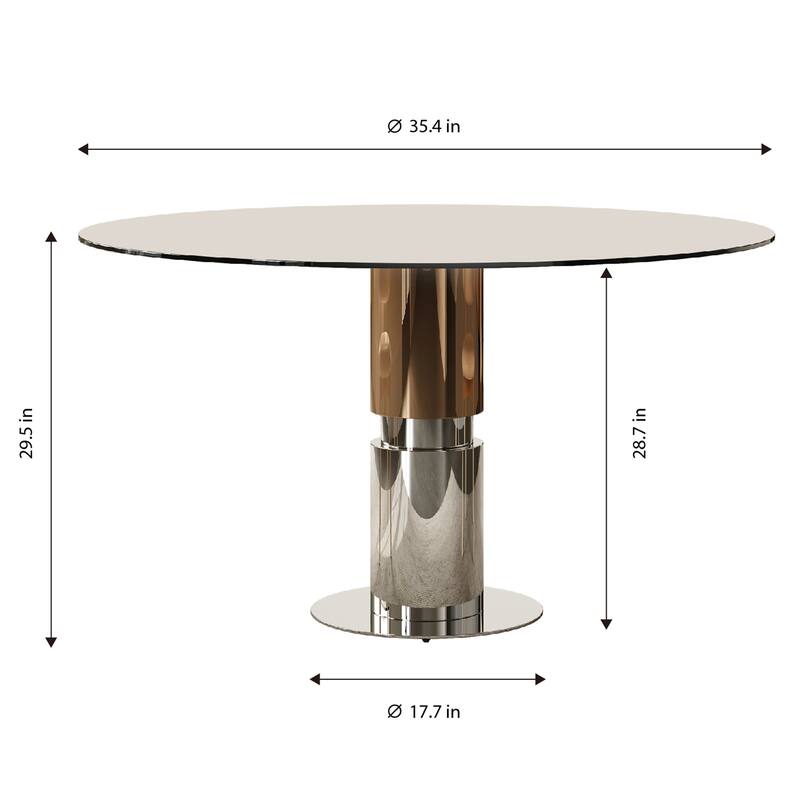 35-Inch Round Glass Dining Table, Tempered Glass Tabletop, Stainless Steel Legs, Suitable for 2-4 People - Brown