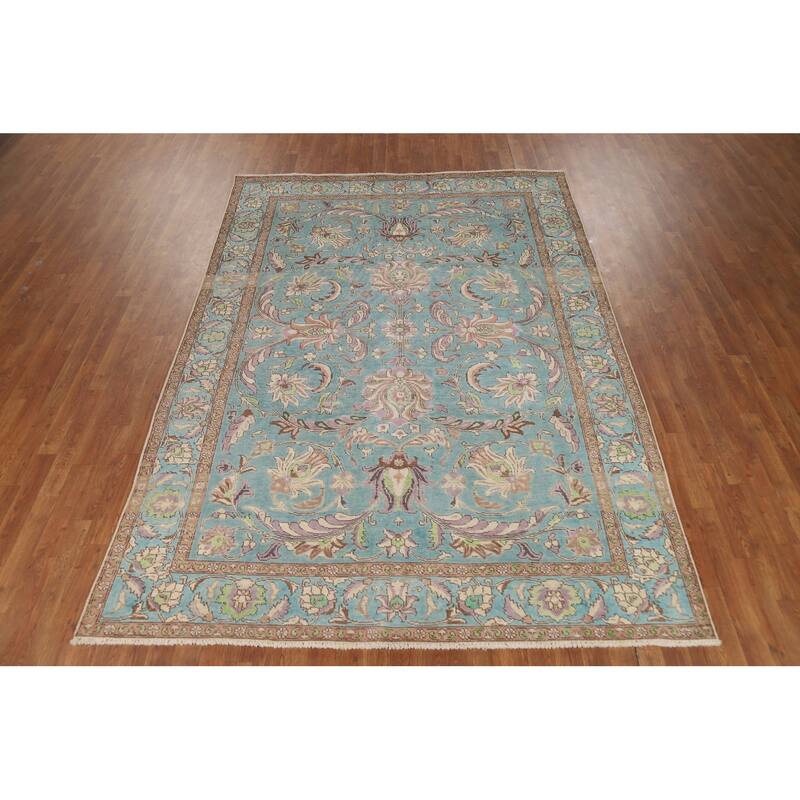 All-Over Blue Floral Tabriz Persian Area Rug Hand-Knotted Wool Carpet - 6'9"x 9'8"