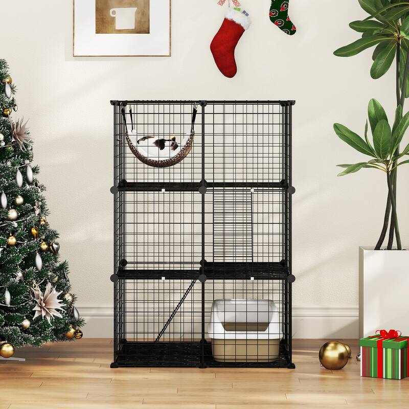 Black PP Metal 3-Tier Cat Cage with DIY Assembly, Hammock and Multi-Platform Playpen