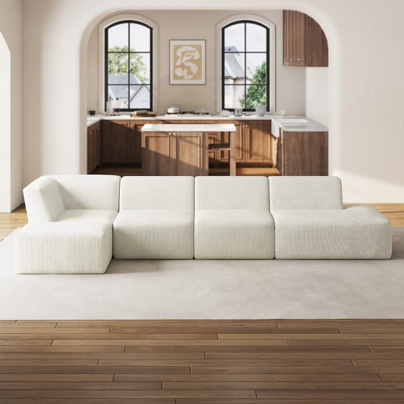 Corduroy Fully Sponge Molded Modular Sectional Sofa with Ottoman - Beige-5 Piece - Right Facing