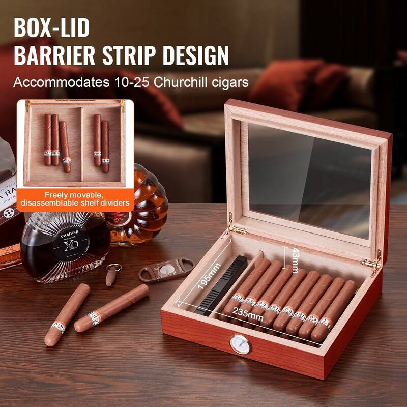 Cigar Humidor, Glass Top Cigar Humidor Box, Handmade Spanish Cedar Wood Cigar Desktop Box, Cigar Storage Case with Humidifier
