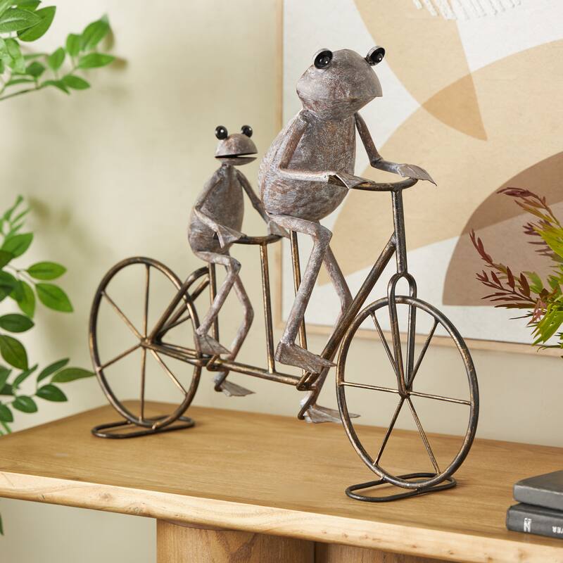 Metal Frog On Bicycle Garden Sculpture with Gold Accents - Copper or Green - Roche River Decor