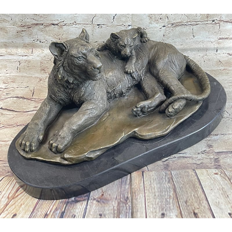 Tiger Family Mother Cub Bronze Statue Sculpture Figure Marble Base Original Art 8 Inches X 16 Inches