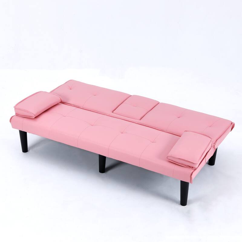 The 67-inch black PVC multi-functional sofa bed with a foldable and cup holder design