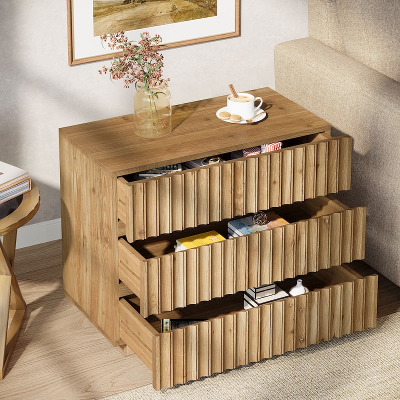 31.5" Oversized Solid Wood Nightstand, Farmhouse Fluted Night Stand